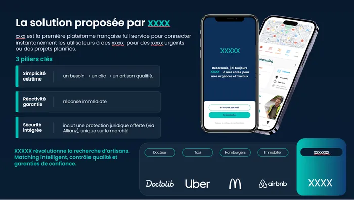 Exemple de slide produit anonymisée d'un pitch deck GPartners (client Kelkun)